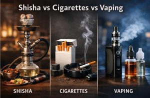 Side-by-side comparison of hookah, vape device, and cigarettes showing size differences
