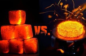 Quick light versus natural coconut charcoal showing shape, color, and ash differences