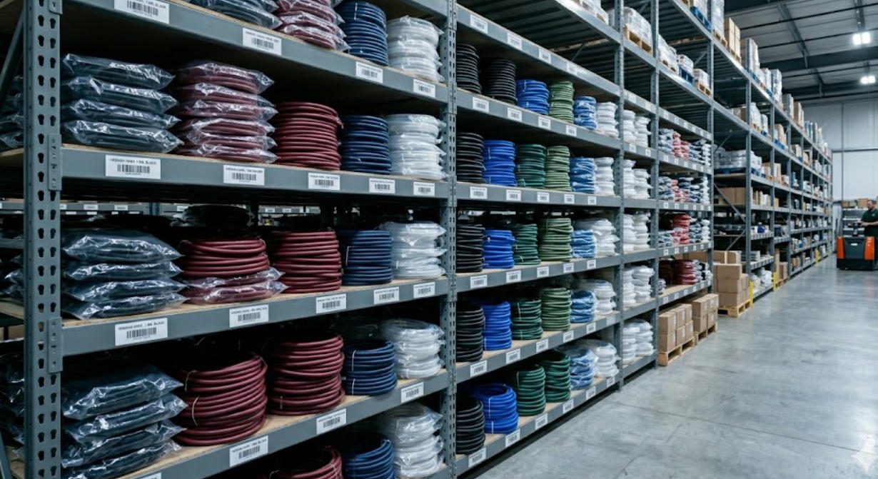 Bulk silicone hoses stacked in warehouse showing wholesale inventory storage