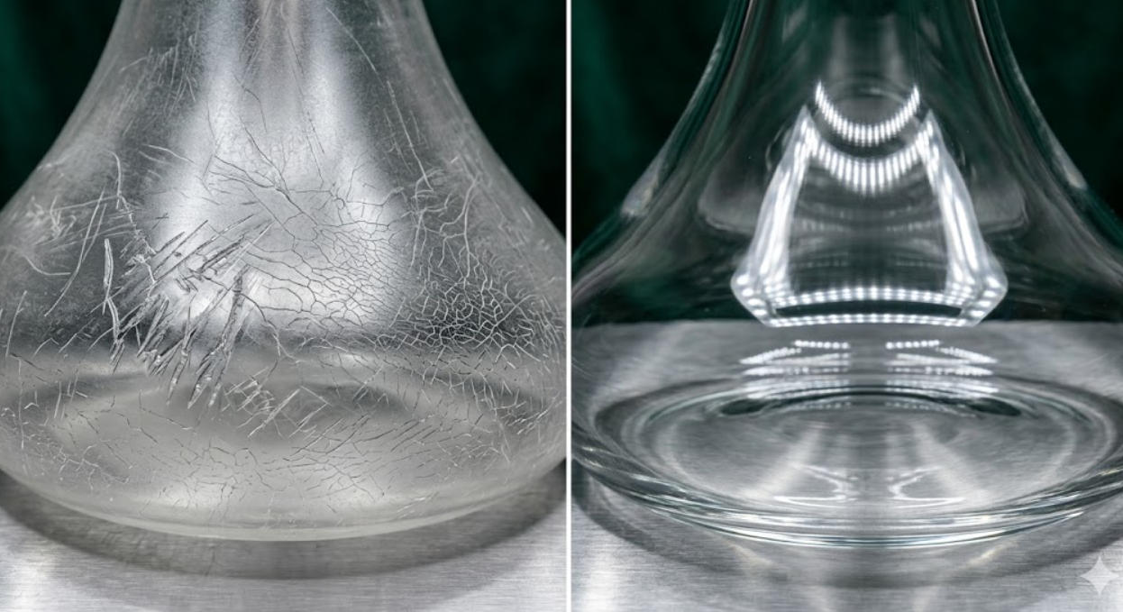 Acrylic base surface scratches versus glass scratch-free clear surface comparison