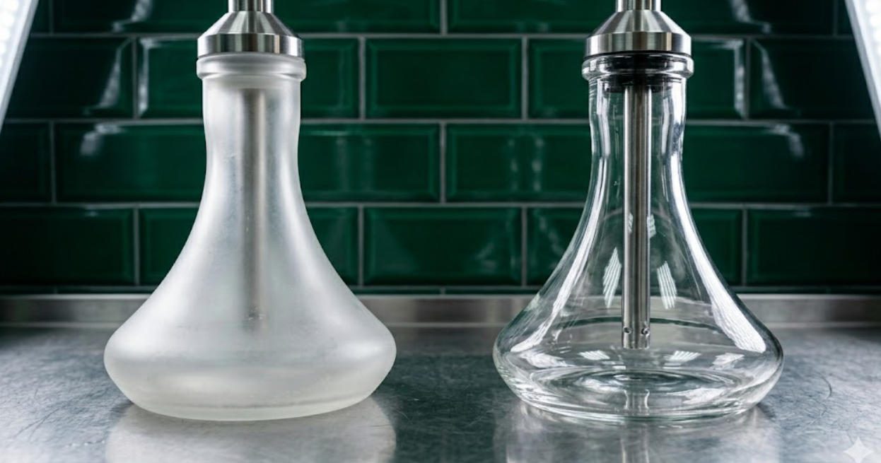 Acrylic versus glass hookah base side-by-side showing transparency and texture differences