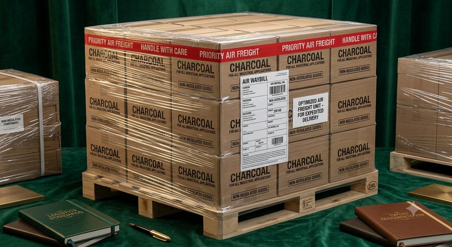 Air freight charcoal pallet with compact stretch wrapping for weight efficiency