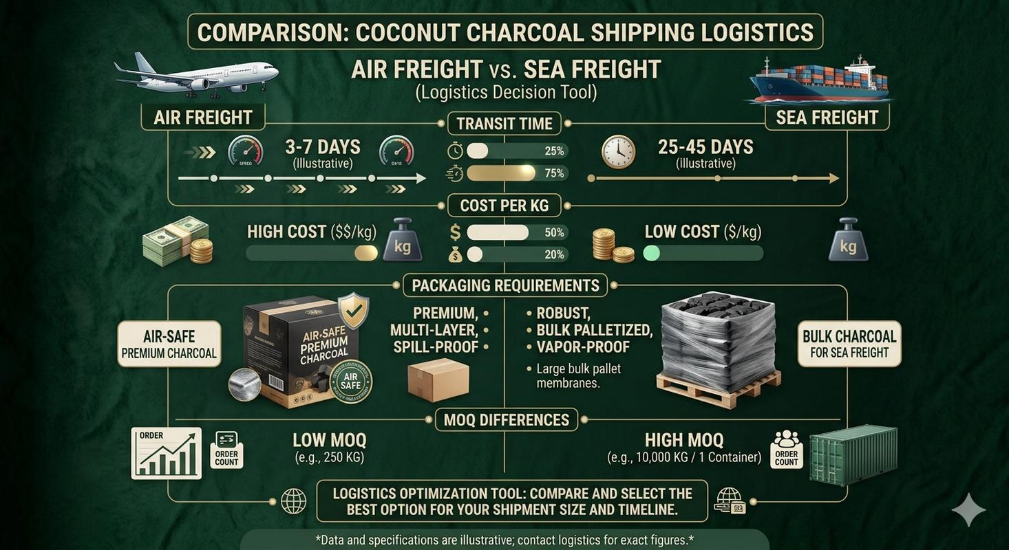 Air freight versus ocean freight for charcoal showing cost, timing, and packaging differences