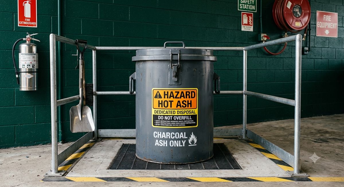 Charcoal ash disposal metal bin with lid and hot ash warning label