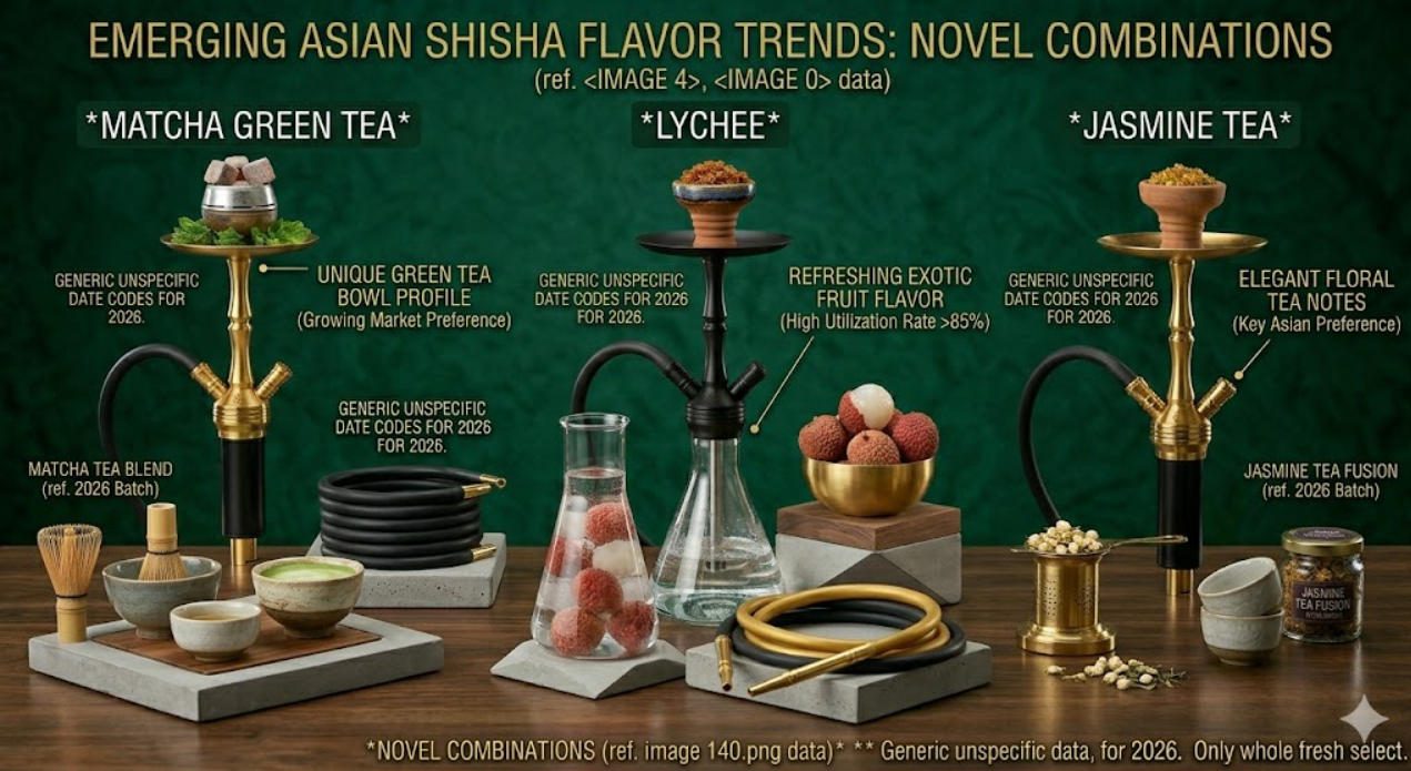 Asian emerging shisha flavors: matcha, lychee, and jasmine tea showing regional innovation