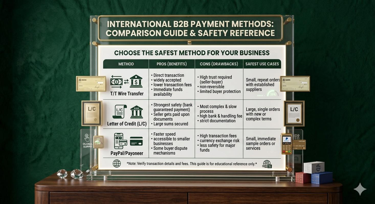 B2B international payment methods comparison: T/T wire transfer, L/C, and PayPal