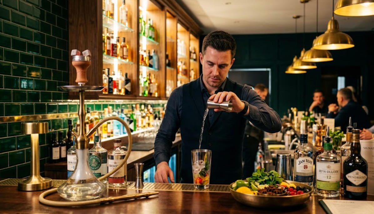 Bartender crafting a specialty cocktail designed to pair with a specific shisha flavor