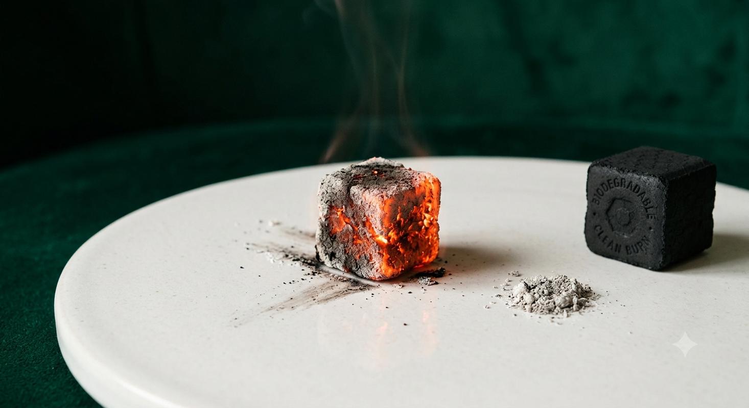 Biodegradable charcoal showing minimal ash residue after complete burning