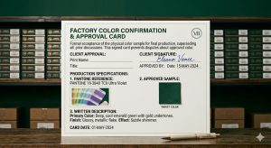A document product photography showing the correct format for submitting color requirements to a factory: Pantone number, physical reference sample, and written effect description. The proper format prevents color miscommunication. Clean business document layout. Dark emerald green background.