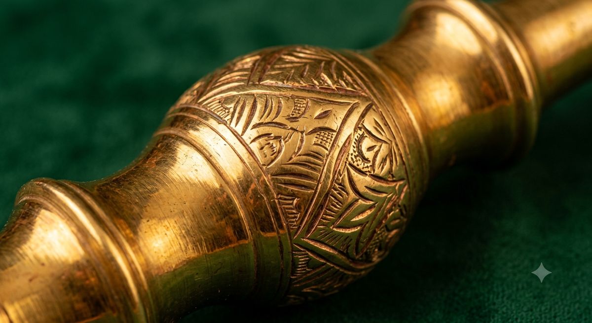 Brass hookah golden metallic luster and engraved pattern details
