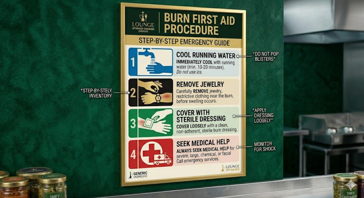 Burn first aid procedure chart mounted on wall near charcoal burner station
