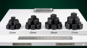 Four charcoal cube sizes 22mm, 25mm, 26mm, and 27mm compared side by side
