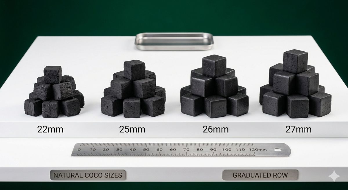 Four charcoal cube sizes 22mm, 25mm, 26mm, and 27mm compared side by side