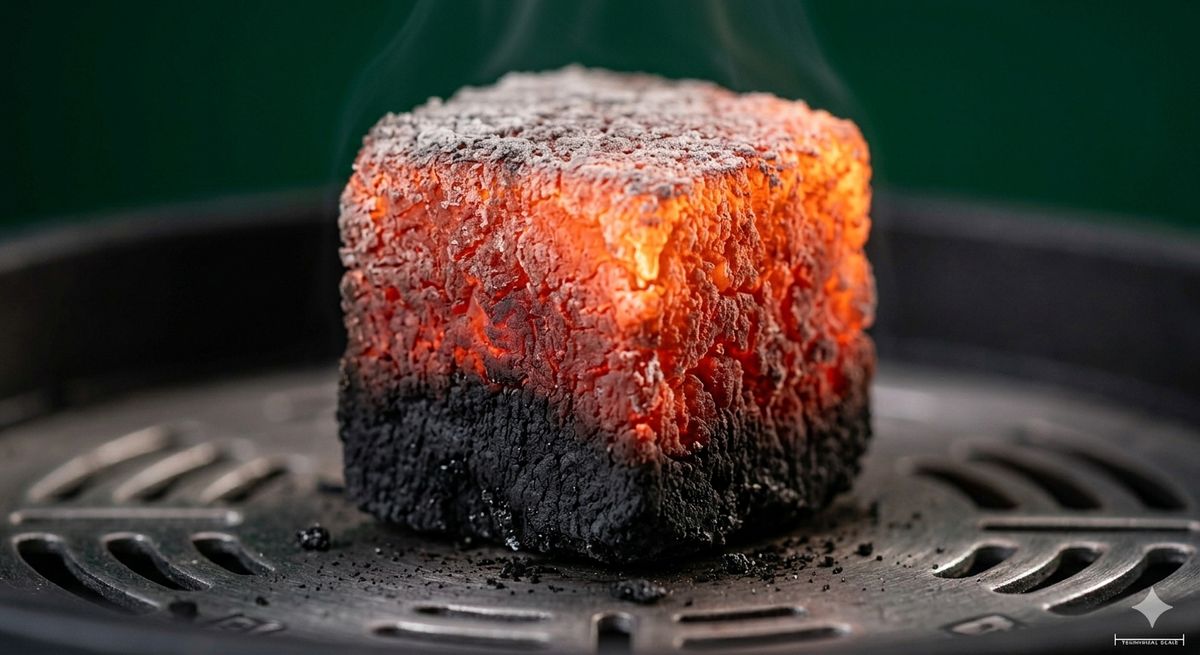 Charcoal cube surface turning black showing extinguished area not burning properly