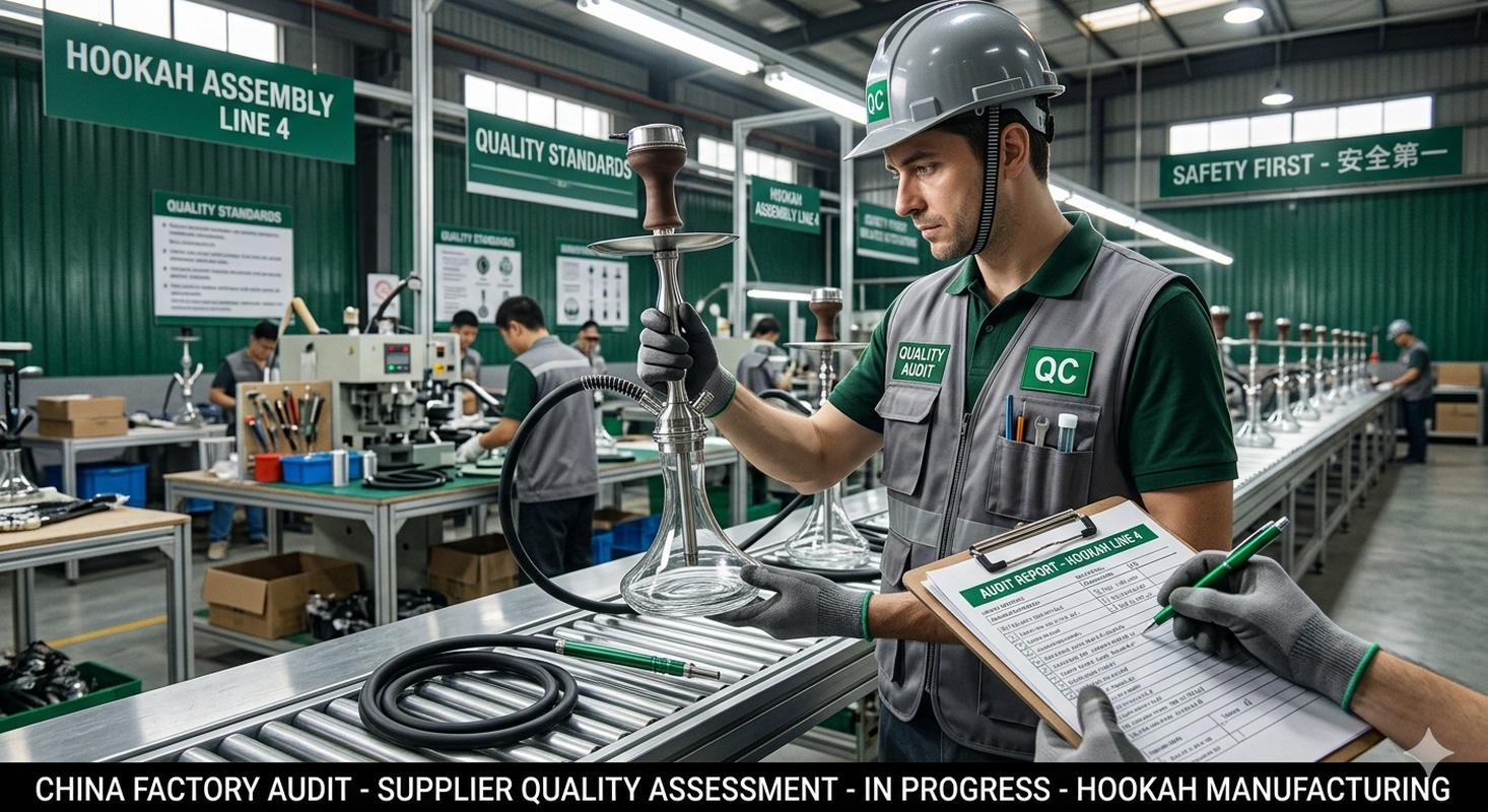 China hookah factory audit showing QC inspector examining production line