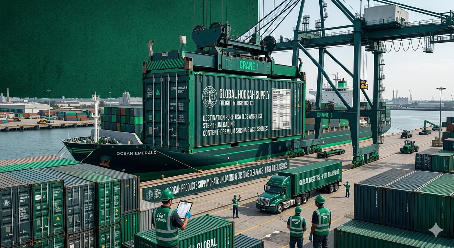 China port container unloading with hookah shipment being processed