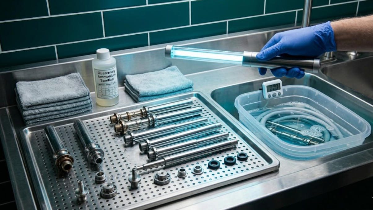 Third sink sanitizing station with UV sterilizer or sanitizing solution for final treatment