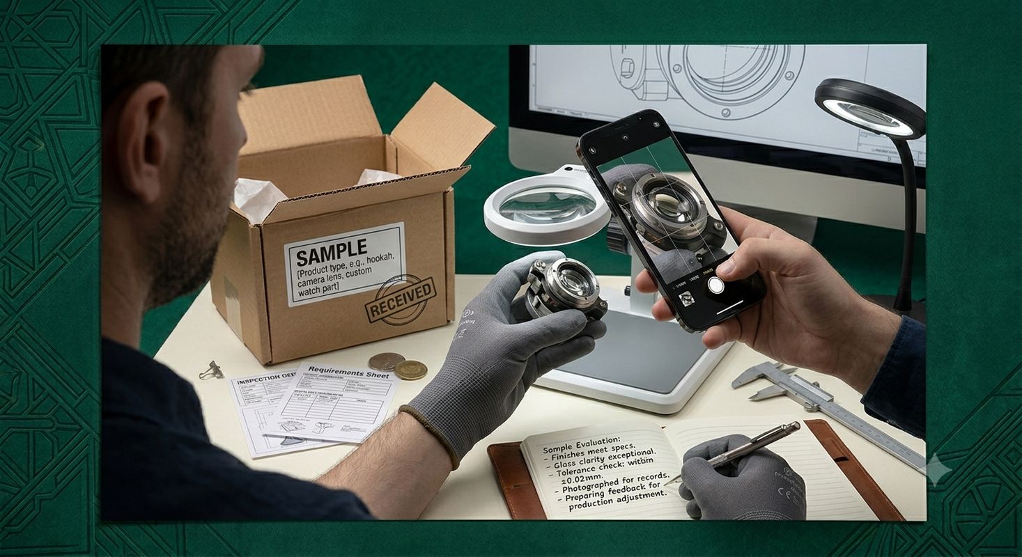 A product photography of a buyer inspecting a received sample: examining the product, taking photos, and preparing feedback notes. The sample evaluation stage ensures the product meets expectations before bulk order. Workspace environment. Dark emerald green background.