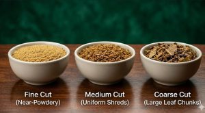 Three tobacco cut types compared: fine cut, medium cut, and coarse cut shisha tobacco