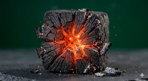 Coconut charcoal splitting and cracking during burning showing edge fragmentation