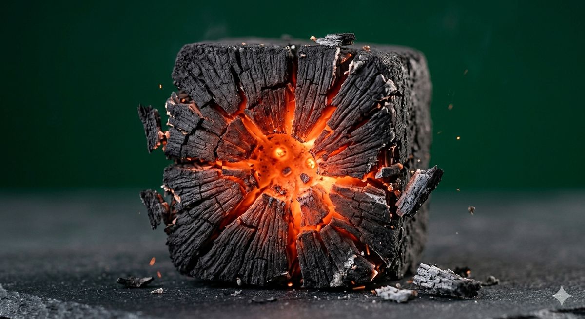 Coconut charcoal splitting and cracking during burning showing edge fragmentation
