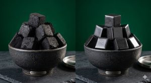 Coconut charcoal versus quick light charcoal visual, texture, and smell comparison
