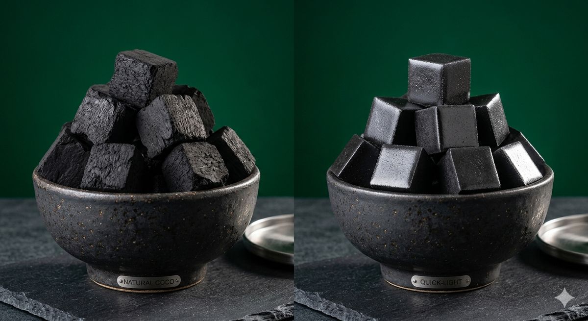 Coconut charcoal versus quick light charcoal visual, texture, and smell comparison