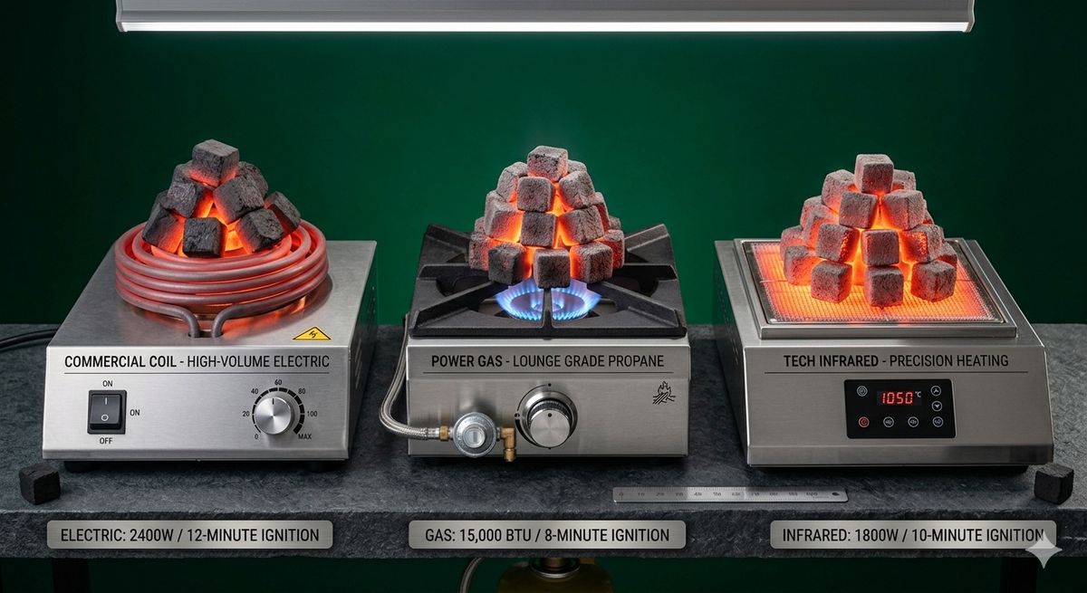 Three commercial charcoal burners compared: electric, gas, and infrared models