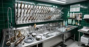Full commercial cleaning station with three-sink layout, drying area, and tool rack