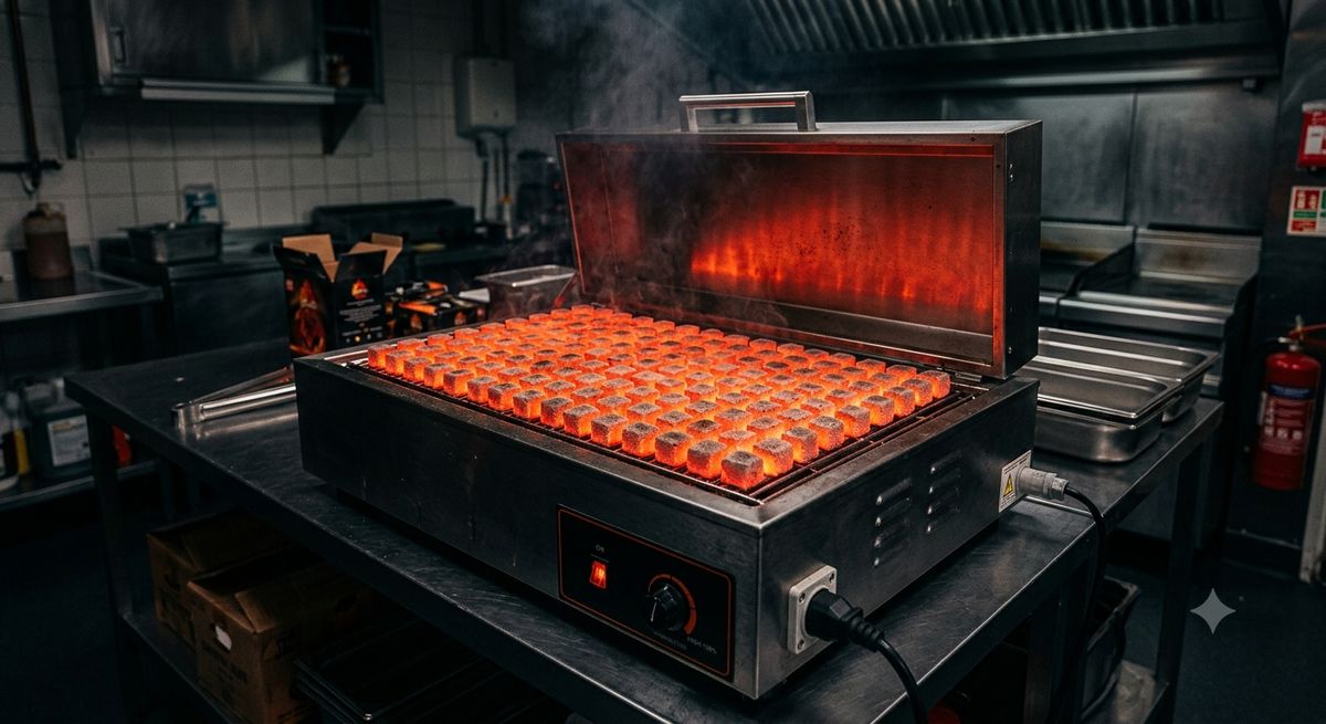 Commercial electric burner high capacity showing large batch charcoal heating