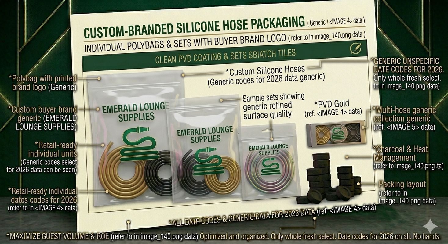 A product photography of custom-branded silicone hose packaging: individual polybags or sets with the buyer's brand logo printed on the packaging, ready for retail display. The branded packaging completes the custom product presentation. Dark emerald green background.