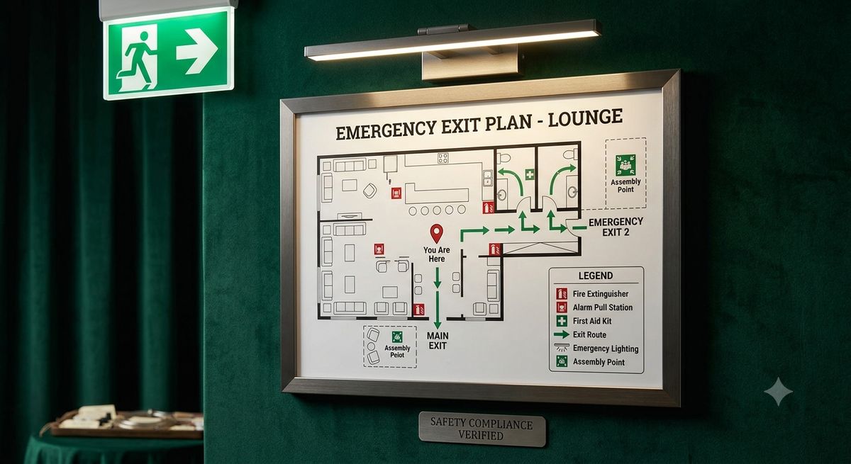 Emergency exit floor plan posted on lounge wall showing evacuation routes