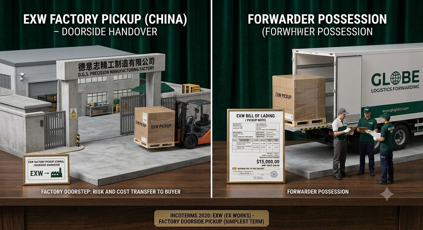 EXW factory gate pickup at China manufacturer showing buyer's transport arrangement
