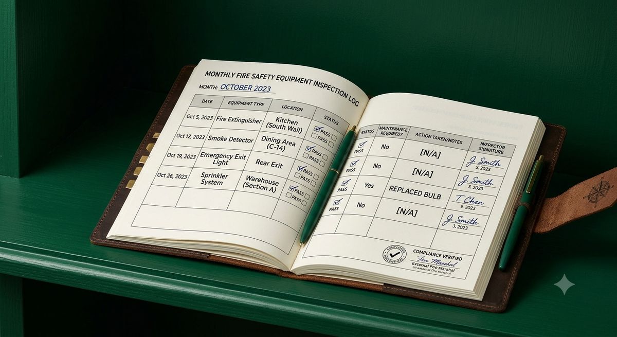 Fire safety inspection log showing monthly checks and maintenance records