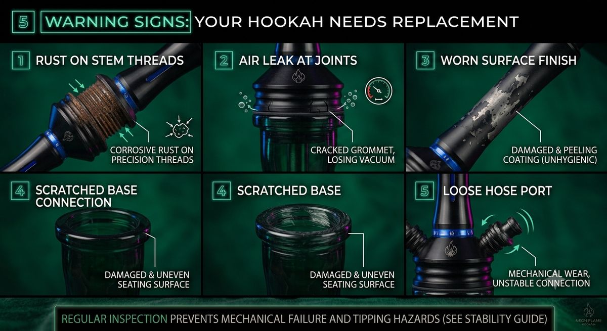 Five signs hookah needs upgrade: rust, air leak, thread wear, surface scratches, loose joints