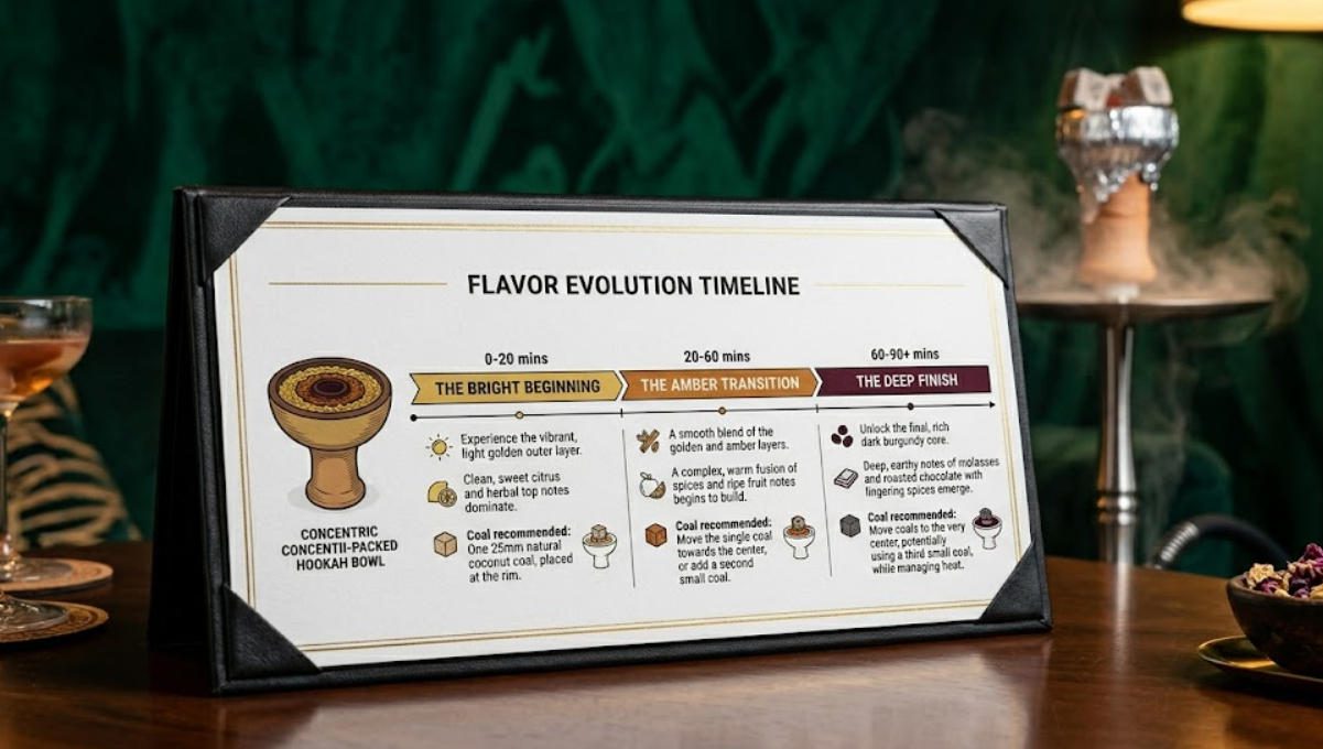 Flavor layering timeline showing first 20 min top layer, middle 40 min middle layer, final 30 min base