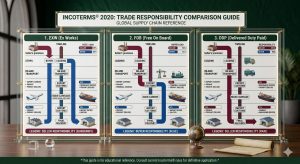 FOB, EXW, and DDP incoterms comparison chart showing cost and responsibility allocation