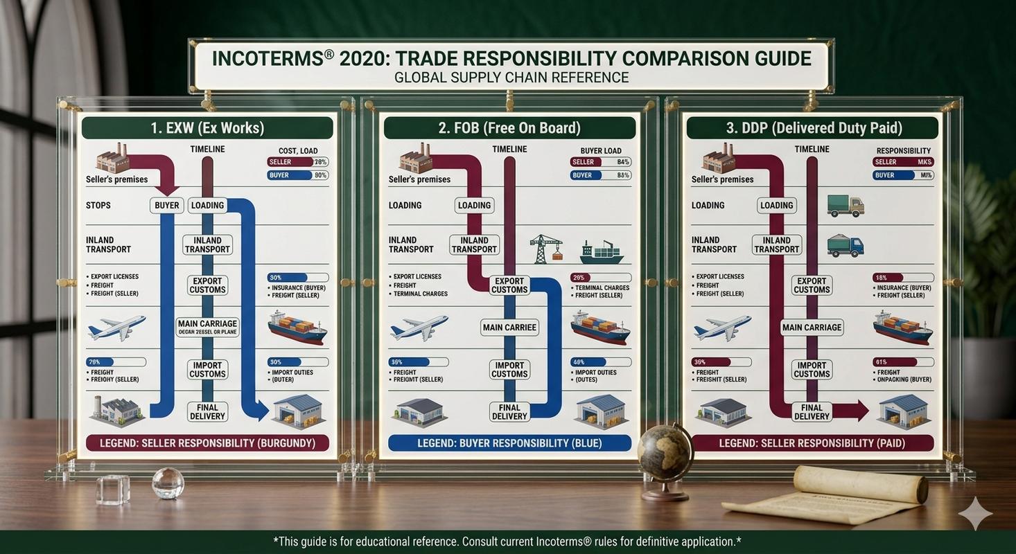 FOB, EXW, and DDP incoterms comparison chart showing cost and responsibility allocation