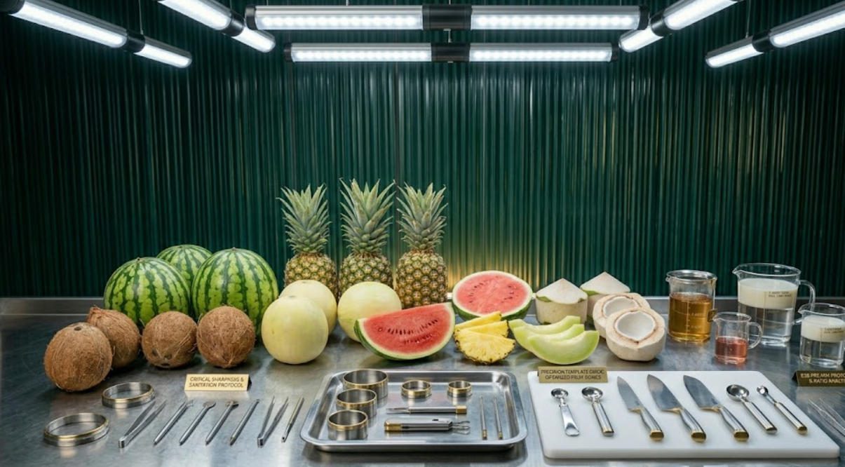 Fruit bowl prep station showing assorted fruits portioned and ready for carving