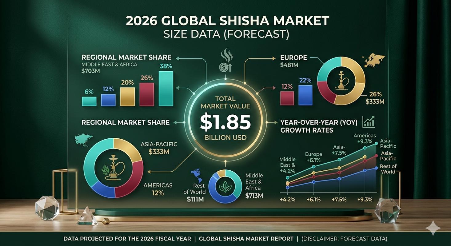 Global shisha market size 2026 chart showing regional distribution and growth rates