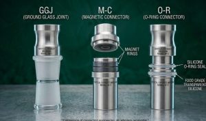 Three hookah connector types compared: ground joint, magnetic, and O-ring connections