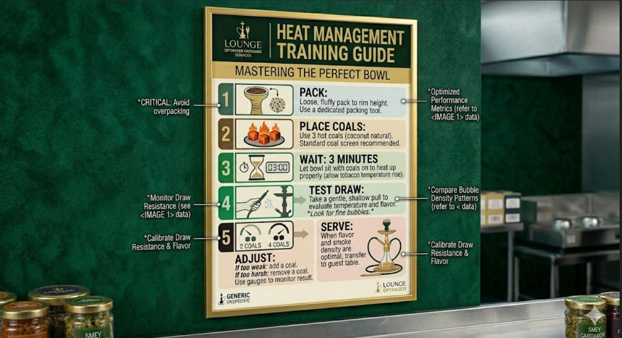 Heat management training flowchart showing bowl pack to coal placement to testing steps