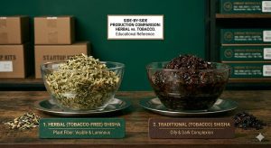 Herbal tobacco-free versus traditional tobacco shisha comparison showing appearance differences