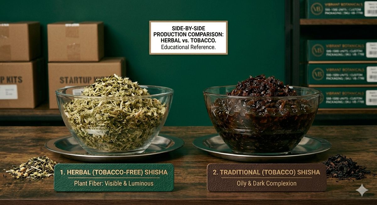Herbal tobacco-free versus traditional tobacco shisha comparison showing appearance differences