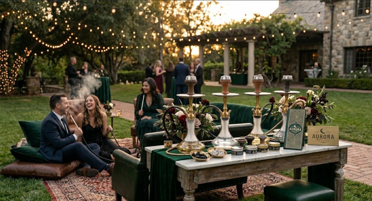 Hookah catering setup at outdoor party or private event showing portable arrangement