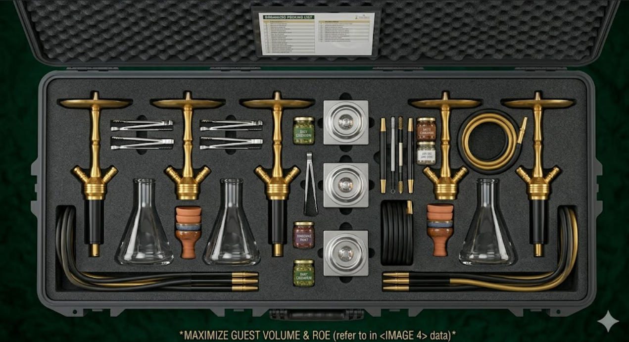 Hookah catering transport case with foam inserts protecting multiple hookahs and accessories