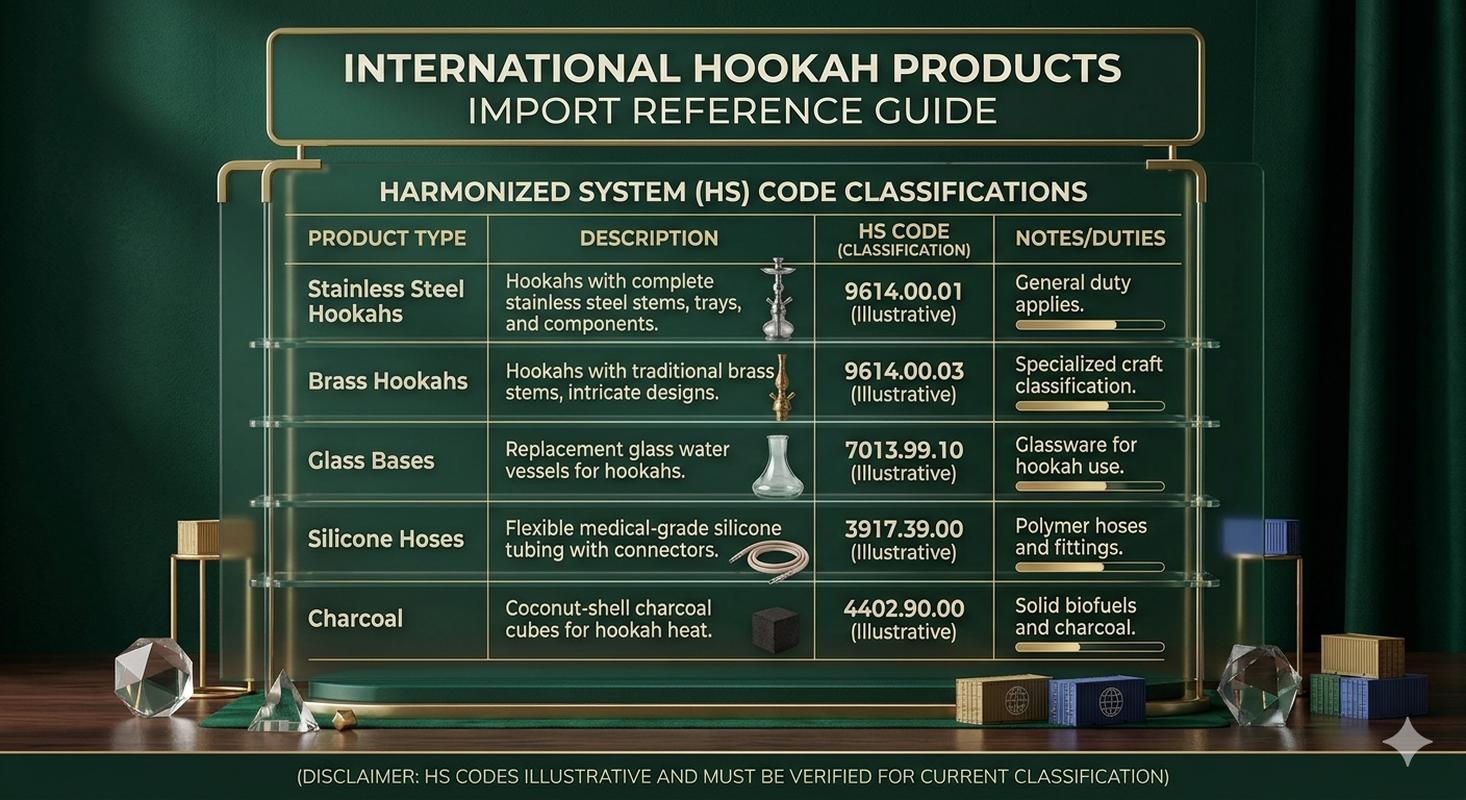 Hookah HS code classification reference table showing different codes for different materials