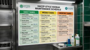 Hookah maintenance calendar showing daily, weekly, and monthly task columns