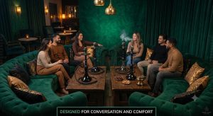 Hookah seating area layout with comfortable sofas and low hookah tables for relaxed session