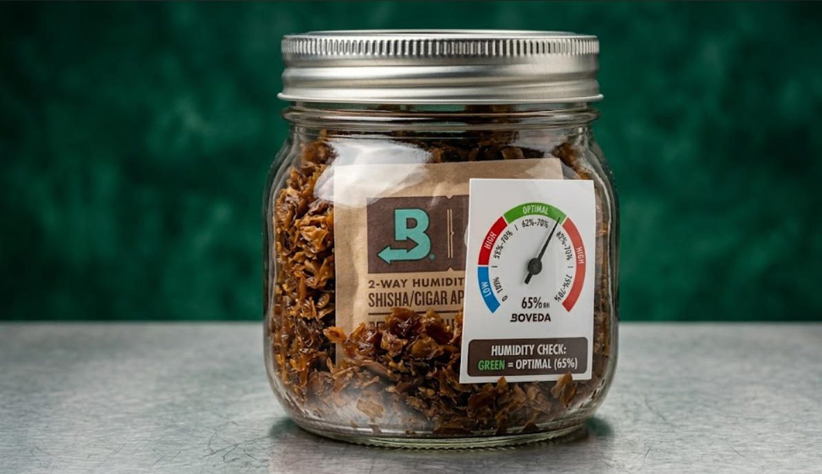 Humidity control in tobacco storage container with indicator card and Boveda pack